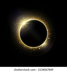 Gold circle of shiny particles on a black background. Invitation vector background. Shining gold frame, place for text. Round border, frame. Card party Invitation. Lens flare effect on dark