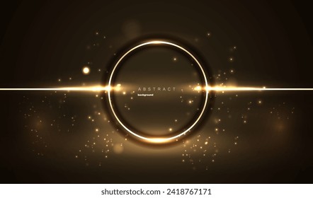 Círculo dorado de partículas brillantes sobre un fondo oscuro. Brillante fondo vectorial del anillo de marco dorado. Borde redondo, marco. Diseño de la bengala de neón de lente. Concepto de poder mágico.	