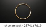Gold circle thin frame. Blank metal ring, button, stamp, emblem, sticker, label. First place medal isolated on black background. Realistic 3d vector illustration.
