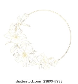 Gold circle tropical frame with Hibiscus flowers. Golden floral frame. Vector design illustration for bunner, wedding card.
