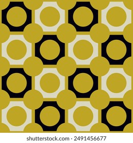 Gold circles in black and gray squares form a geometric seamless pattern for modern textiles, wrapping paper, fabrics. Vector.