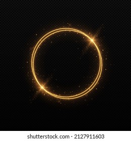 Gold circles frame with glitter light effect. A golden flash flies in a circle in a luminous ring.