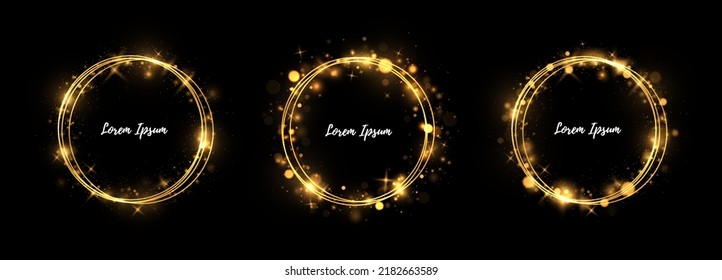 Gold circles frame with glitter light effect. A golden flash flies in a circles in a luminous rings.