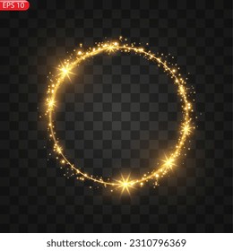Goldene Kreise bilden einen Rahmen mit glatterem Lichteffekt. Ein goldener Blitz fliegt in einem Kreis in einem hellen Ring. Vektorgrafik EPS10