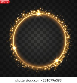 Gold circles frame with glitter light effect. A golden flash flies in a circle in a luminous ring. Vector illystration EPS10