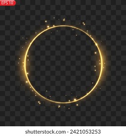 Gold circles frame with glitter light effect. A golden flash flies in a circle in a luminous ring.