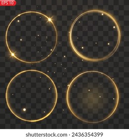 Gold circles frame with glitter light effect. A golden flash flies in a circle in a luminous ring.
