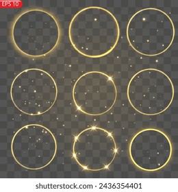 Gold circles frame with glitter light effect. A golden flash flies in a circle in a luminous ring.