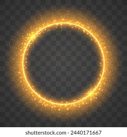 Gold circles frame with glitter light effect. A golden flash flies in a circle in a luminous ring.