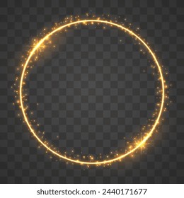 Gold circles frame with glitter light effect. A golden flash flies in a circle in a luminous ring.