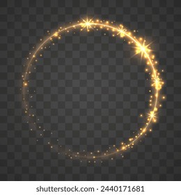 Gold circles frame with glitter light effect. A golden flash flies in a circle in a luminous ring.