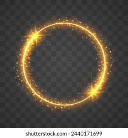 Marco de círculos dorados con efecto de luz brillante. Un destello dorado vuela en círculo en un anillo luminoso.