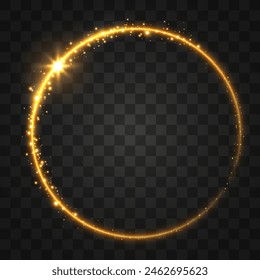 Gold circles frame with glitter light effect. A golden flash flies in a circle in a luminous ring.