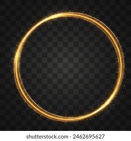 Marco de círculos dorados con efecto de luz brillante. Un destello dorado vuela en círculo en un anillo luminoso.