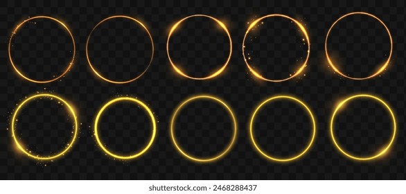 Gold circles frame with glitter light effect. A golden flash flies in a circle in a luminous ring.