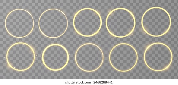 Marco de círculos dorados con efecto de luz brillante. Un destello dorado vuela en círculo en un anillo luminoso.