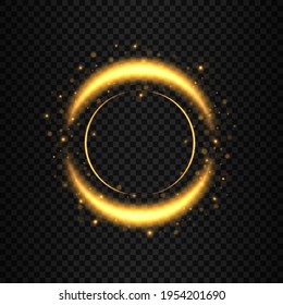 Gold circles frames with glitter light effect. A golden flash flies in a circle in a luminous ring.
