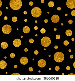 Gold circles on a black background. Polka dot seamless pattern