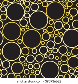 gold circles on a black background. Seamless pattern. Vector illustration