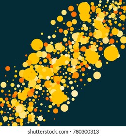 Gold circles on a blue background. Beautiful  bright background. Yellow Confetti. A frame of confetti. A scattering of confetti. Placer from the circles. Dots. Vector illustration.