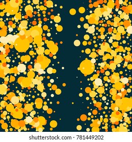 Gold Circles on a Blue Background. Beautiful Background. Confetti. A Frame of Confetti. A Scattering of Circles. Placer from the Circles. Vector Illustration. Festive, Carnival. Banner, Card.
