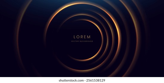 Gold circles ray with lighting effect on dark blue background. Template premium award design. Vector illustration