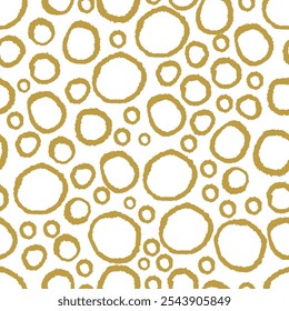 Gold circles seamless patten. Hand drawn rings on white background. Abstract circle background. 