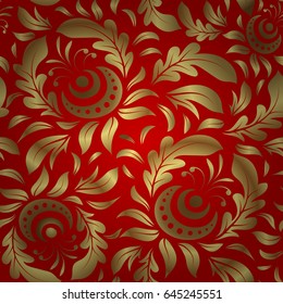 Gold circles seamless pattern. Abstract gold geometric modern design on a red background. Vector shiny backdrop. Texture of gold foil. Art deco style.