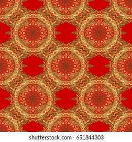 Gold circles seamless pattern. Art deco style. Texture of gold foil. Vector shiny backdrop. Abstract gold geometric modern design on a red background.