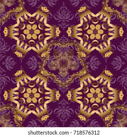 Gold circles seamless pattern. Texture of gold foil. Art deco style. Abstract gold geometric modern design on a purple background. Vector shiny backdrop.