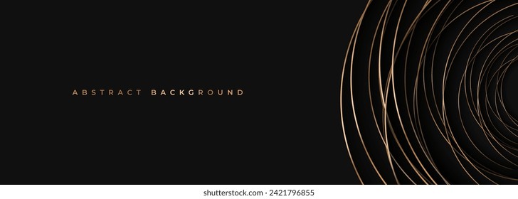 Gold circles with shadow on a black wide background. Black and gold luxury abstract geometric royal modern trendy abstract banner. Vector illustration