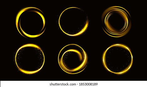 Gold circles with sparkles, golden round frames, shiny borders with glitter or fairy dust, glowing rings, fantasy design elements isolated on black background Realistic 3d vector illustration, set
