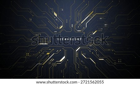Gold circuit board background with central text space. Futuristic semiconductor pattern features AI technology elements and digital network lines in luxury design. Digital vector illustration 