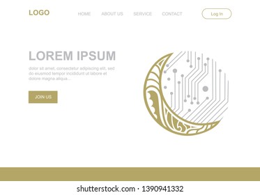 gold circuit board and crescent moon, illustrative vector landing page template