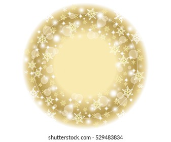 A gold circular background/frame with a snow crystal pattern.