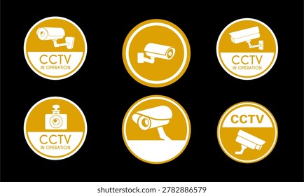 Gold circular CCTV icons. Security camera round badges. Video surveillance emblem signs. Safety monitoring vector buttons.