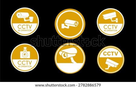 Gold circular CCTV icons. Security camera round badges. Video surveillance emblem signs. Safety monitoring vector buttons.