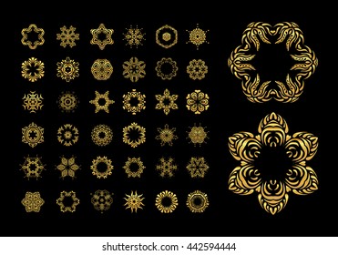 Gold circular ornament on black background. 