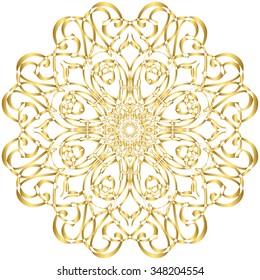 Gold circular pattern Kaleidoscope. East ornament. Mandala. Good for greeting cards, invitations. Print on fabric and paper.