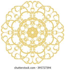 Gold circular pattern Kaleidoscope. East ornament. Mandala. Good for greeting cards, invitations. Print on fabric and paper.