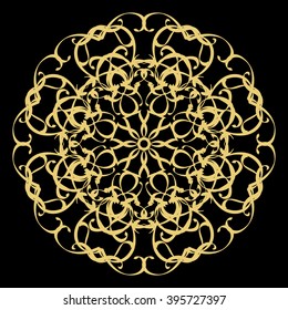 Gold circular pattern Kaleidoscope. East ornament. Mandala. Good for greeting cards, invitations. Print on fabric and paper.
