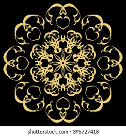 Gold circular pattern Kaleidoscope. East ornament. Mandala. Good for greeting cards, invitations. Print on fabric and paper.