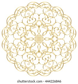 Gold circular pattern Kaleidoscope. East ornament. Mandala. Good for greeting cards, invitations. Print on fabric and paper.