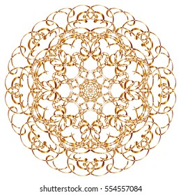 Gold circular pattern Kaleidoscope. East ornament. Mandala. Good for greeting cards, invitations. Print on fabric and paper.
