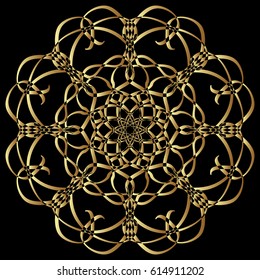 Gold circular pattern Kaleidoscope. East ornament. Mandala. Good for greeting cards, invitations. Print on fabric and paper.