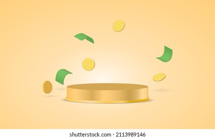 Podio circular de oro sobre fondo de oro con dinero flotando alrededor
