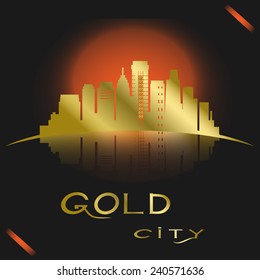 Gold city vector silhouette with reflection 