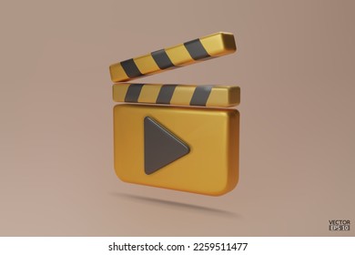 Icono de la tarjeta Gold Clapper. Iconos del reproductor de medios. Iconos del reproductor de vídeo.  Cartel de película, equipo de vídeo. Ilustraciones de vectores 3D.