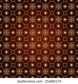 Gold classic blossom and square and circle seamless pattern on pastel background. Vintage and classic bloom pattern for retro and old design.