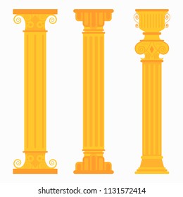 Gold classic columns for weddings, palaces. Decorative pillars vector flat icons set isolated on white background.